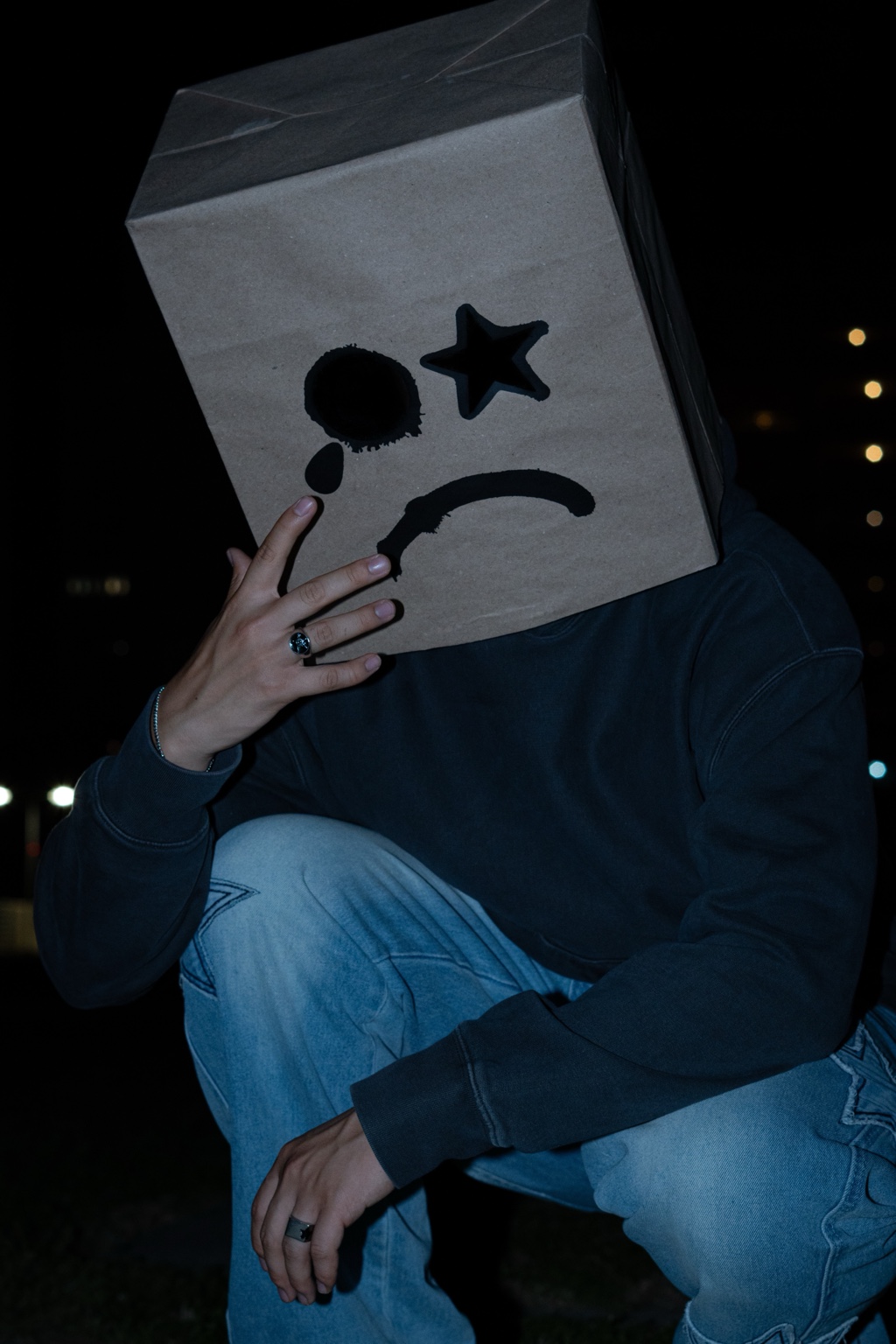 Meherus con su máscara de estrella, sentado de noche